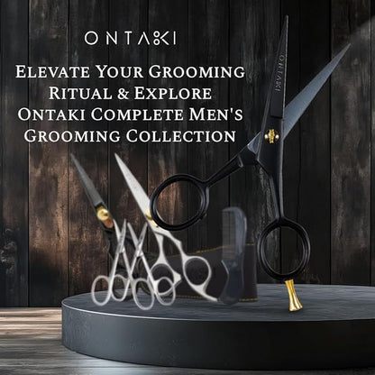 Ontaki Professional Beard Scissors for Men - 5 in Hand-Forged Black 410C German Steel - Includes 2 Combs & PU Pouch - Beard & Mustache Grooming Kit