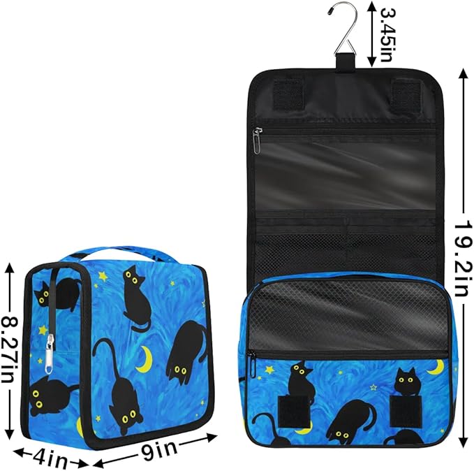 Cute Cat Travel Toiletry Bag with Hanging Hook for Women and Girls, DeepSkyBlue Cosmetic Makeup Case Organizer for Accessories, Shampoo, Full Sized Container, Toiletries