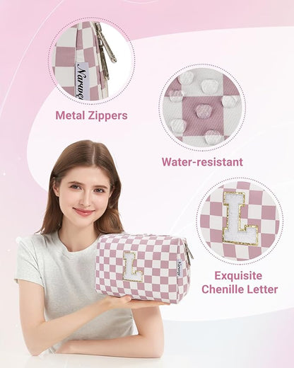 Narwey Birthday Gifts for Teen Girls Kids Women Personalized Initial Checkered Makeup Bag Pink Monogram Cosmetic Bag Trendy Stuff 6 8 10 11 12 13 14 16 18 Years Old Travel Toiletry Bag (Dusty Rose L)