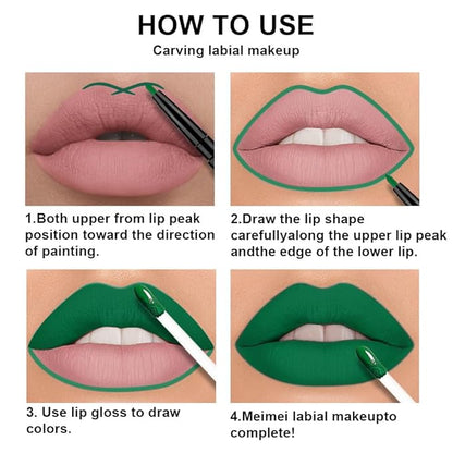 3Pcs 2 in 1 Green Matte Shimmer Lip Liner and Liquid Lipstick Stain Makeup Set for women, Long Lasting Smudge Proof Lip Tint Matte Finish Lip Gloss for All-Day Color Hold Easy to Use, Set25