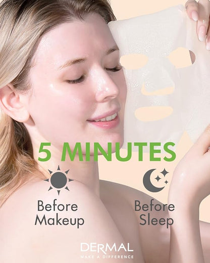 DERMAL Cucumber Collagen Essence Facial Mask Sheet 23g Pack of 10 - Soothing & Moisturizing, Redness & Sunburn Relief, Daily Skin Treatment Solution Sheet Mask