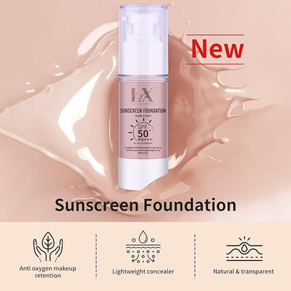 Tinted Face Sunscreen - Waterproof & Lightweight Liquid Foundation with SPF 50++, 3-in-1 Full Coverage Foundation Smooths & Blurs Pores, 106 Light