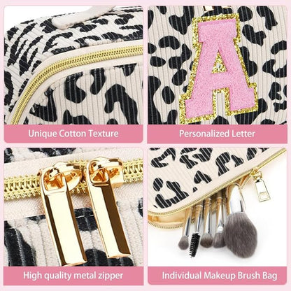 Personalized Travel Makeup Bag Set,Initial Travel Cute Leopard Makeup Organizer Bag,Toiletry Skincare Cosmetic Bag,Christmas Gifts for Women/Girls,Open Flat Toiletry Pouch with Brush Pocket-R