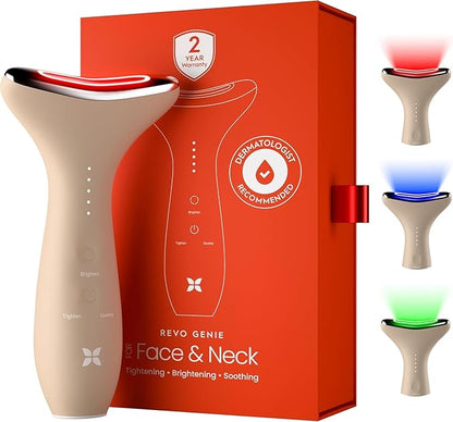 REVO Genie | 3-in-1 Face & Neck Beauty Massager with Heat, 3 Light Therapies, Smart Vibration | Powerful Red Light, Blue Light, and Green Light Therapy for Wrinkles, Hyperpigmentation, Acne & More