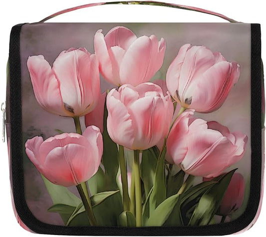 Travel Toiletry Bag for Women & Men Pink Flower Tulip Hanging Cosmetic Organizer Portable Waterproof Makeup Case Make Up Bag with Compartments Travel Essentials for Bathroom Shower