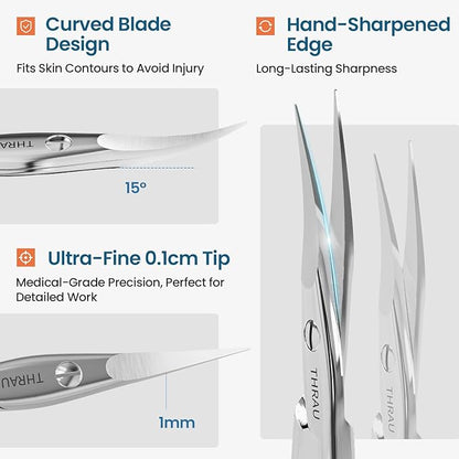 THRAU Left-Handed Cuticle Scissors – Surgical Grade Stainless Steel with Sharp Curved Tip for Cuticles, Nails, Eyebrows, Eyelashes, Nose Hair & Beard – Ideal for Manicure & Precise Grooming