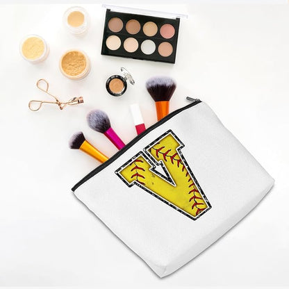 Initial Makeup Bag Monogrammed Cosmetic Bag Letter V Zipper Pouch Softball Accessories for Girls Women Player Coach Friend Graduation Birthday Gifts