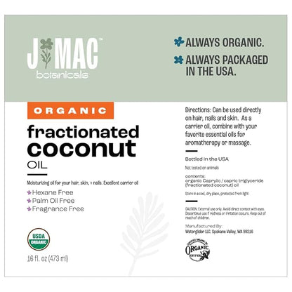 J Mac Botanicals, Organic Fractionated Coconut Oil (32 oz - 2 Pack 16 Ounce Bottles) Carrier Oil for diluting Essential Oils, Hair and Skin Conditioner, Massage