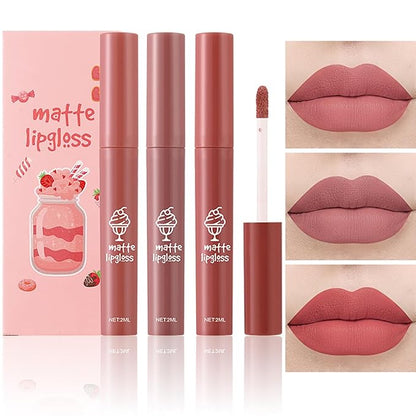 3Pcs Nude Matte Lipstick Set, Ice Cream Velvet Smooth Matte Lip Gloss, 24 Hour Natural Long Lasting & Nourishing Lip Glaze Non-stick Cup for Women Makeup (Set D)