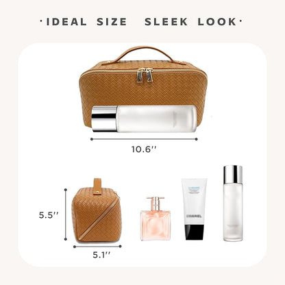 Travel Makeup Bag – Large Cosmetic Organizer with Waterproof PU Leather, Smooth Double Zipper & Tear-Resistant Lining, Toiletry Pouch for Women (Caramel)