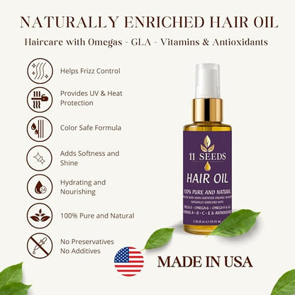 Hair Oil Naturally Enriched with Omega-3-6-9, GLA, Vitamins A, B, C, E, Lightweight Blend Supports Revitalize, Shine, Frizz Control, Color Safe, Helps Reduce Split Ends, UV & Heat - Silicone Free