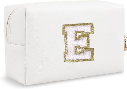 Personalized Chenille Letter Preppy Makeup Bag, Small Cute Travel Cosmetic Bag Initial Toiletry Zipper Pouch Monogram Makeup Storage, Waterproof Makeup Case Travel Essentials for Friend Mom(Letter E)