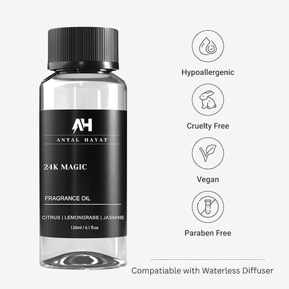 24K Magic Diffuser Oil 120mL – Hotel Scented Essential Oil for Diffuser – Inspired by W Hotels – Luxury Aromatherapy Oil Blend – Bergamot, Jasmine, Lemongrass, Musk