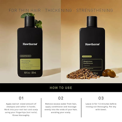 Hawthorne Thickening Shampoo and Conditioner Set. Men’s All Natural Shampoo and Conditioner Set with Thickening Shampoo and Weightless Conditioner. Sulfate Free, Paraben Free. 8 Fl Oz Each.