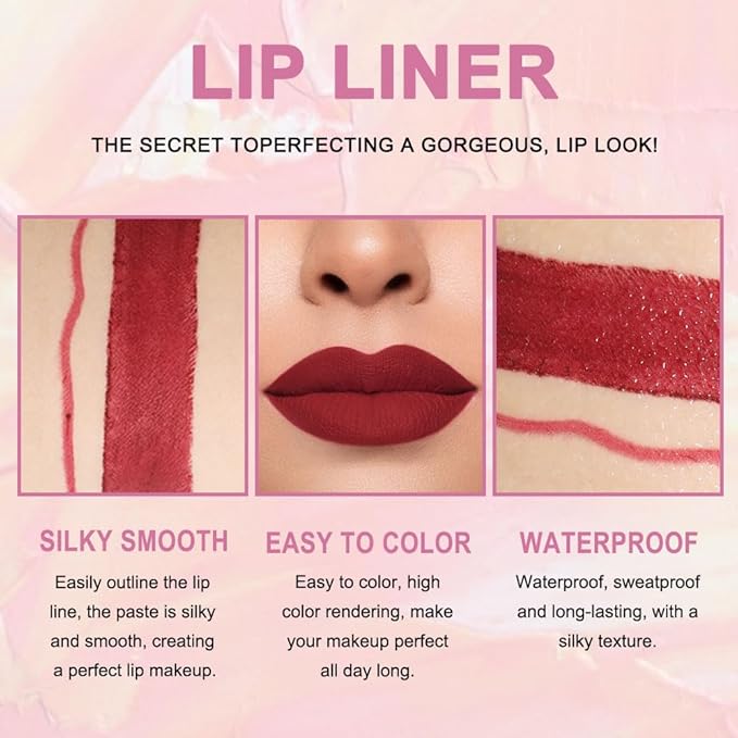evpct 1Pcs Dark Red Lip Liner and Lipstick Set Kit for Women Matte Lips Kit with Lip Liner Lip Stains Long Lasting Waterproof 24 Hour Lipstick and Lip Liners Combo Lipliners Pencil Set 09#