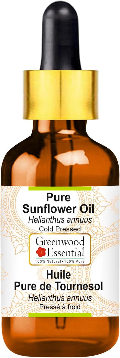Greenwood Essential Sunflower Oil (Helianthus annuus) with Glass Dropper | Cold Pressed | Natural | Undiluted | For Diluting Essential Oils | For Skin & Massage | Men & Women | 15ml (0.50 oz)