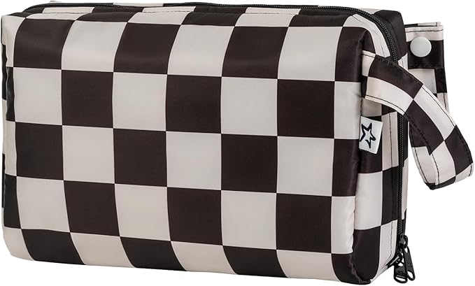 Tiny Twinkle Waterproof Travel Toiletry & Makeup Bag Organizer | Large Capacity Cosmetic Case with Compartments & Handle, A Thoughtful Travel Companion for Women（Black Checkers