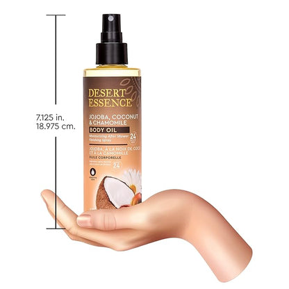 Desert Essence Body Oil Spray – 8.28 fl oz | Jojoba, Coconut & Chamomile | 24-Hour Moisture for Dry Skin | Lightweight After-Shower Oil | Vegan, Cruelty-Free, B-Corp, Made in USA