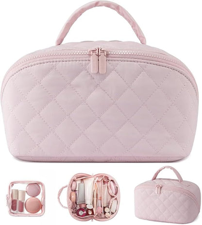 Makeup Bag for Woman, Festivalment Travel Makeup Bag, Wide Open Lay-Flat Water-Resistant Large Cosmetic Case, Puffy Padded Organizer for Toiletries & Brushes Large Capacity with Compartments (Pink)