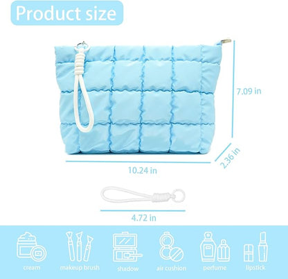 Puffer Quilted Makeup Bag Travel Cosmetic Bag Portable Puffy Checkered Toiletry Pouch Skincare Organizer Purse Pencil Case (Light Blue)