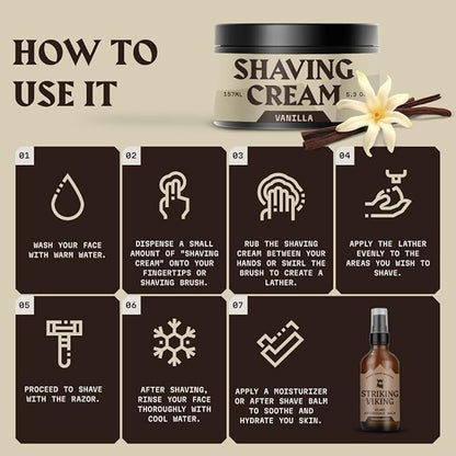 Striking Viking Shaving Cream - 5.3 fl oz, Pack of 1, Vanilla - Barbershop Comfort Vanilla Shaving Cream - Soothes Irritation & Protects Sensitive Skin Lather - Travel Ready Formula