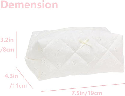 PAZIMIIK Cozy Makeup Bag Travel Cosmetic Bag for Women Soft Toiletry Bag Aesthetic Makeup Organizer Portable Large Zipper Pouch for Skincare Beauty Accessories Brushes Embroidery White