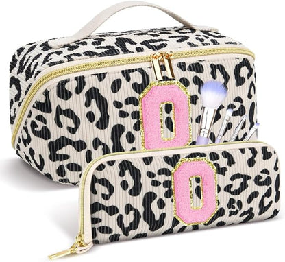 Personalized Travel Makeup Bag Set,Initial Travel Cute Leopard Makeup Organizer Bag,Toiletry Skincare Cosmetic Bag,Christmas Gifts for Women/Girls,Open Flat Toiletry Pouch with Brush Pocket-O