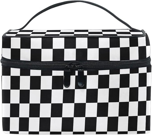 Makeup Train Case White Black Checkered Plaid Carrying Portable Zip Travel Cosmetic Brush Bag Organizer Large for Women