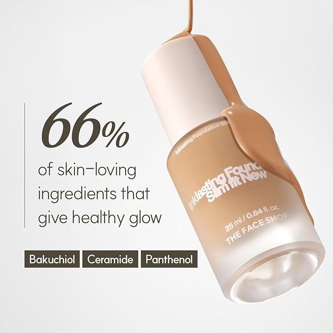 THE FACE SHOP Ink Lasting Liquid Foundation, Full Coverage, 72‑Hour Wear Semi‑Matte Finish, Makeup with Bakuchiol, W130 Warm Beige, 0.84 Fl. Oz.
