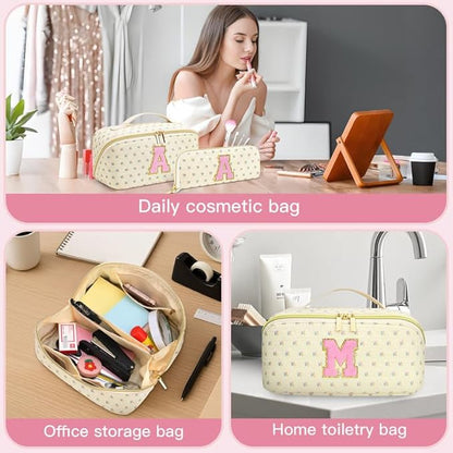 Personalized Travel Makeup Bag Set,Initial Travel Cute Floral Makeup Organizer Bag,Toiletry Skincare Cosmetic Bag,Christmas Gifts for Women/Girls,Open Flat Toiletry Pouch with Brush Pocket-W