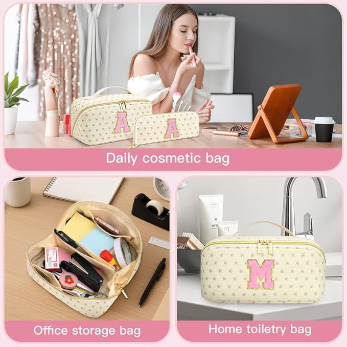 Personalized Travel Makeup Bag Set,Initial Travel Cute Floral Makeup Organizer Bag,Toiletry Skincare Cosmetic Bag,Christmas Gifts for Women/Girls,Open Flat Toiletry Pouch with Brush Pocket-M