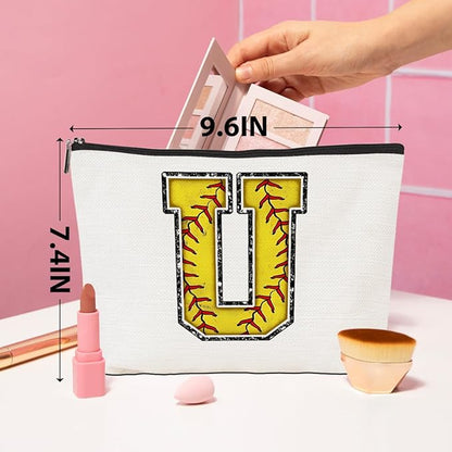 Initial Makeup Bag Monogrammed Cosmetic Bag Yellow Letter U Zipper Pouch Softball Accessories for Girls Women Player Coach Friend Graduation Birthday Gifts