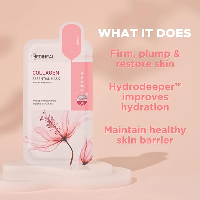 Mediheal Official Best Korean Sheet Mask - Collagen Teatree Essential Face Mask 20 Sheets Lifting Firming Calming Soothing For All Skin Types