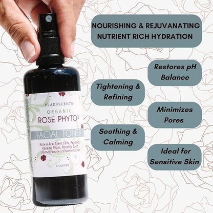 Peak Scents Organic Phyto³ Rose Water Facial Toner Spray - Pure Rosewater for Face, with Acaí and Herbal Extracts - Eco-Friendly and Vegan - Hydrating Rose Water Organic Face Spray (4 oz)
