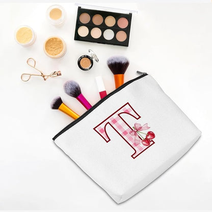 Initial Makeup Bag Monogram Cosmetic Bag Monogrammed Gifts for Women Girls Friends Coworker Auntie Personalized Travel Toiletry Bag Christmas Bridal Shower Wedding Bridesmaid Gifts, Cherry T
