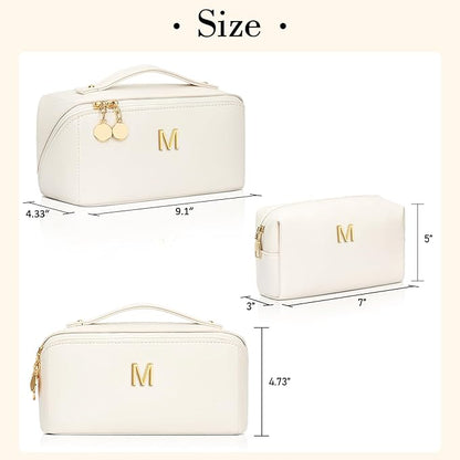 Birthday Gifts for Women Teen Girl, Personalized Initial Makeup Organizer Bag Set, Open Flat Travel Cosmetic Bag With Clear Divider and Handle(Beige,M)