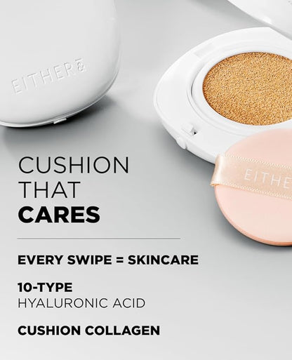 EITHER& Glow Pixel Cushion Foundation, Natural Coverage, Glow Finish – Up to 100 Hours, Moisturizing and Hydrating, Korean Beauty (#21P Rosy, 12g)
