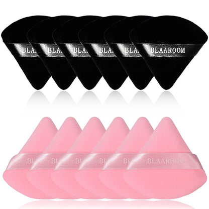 BLAAROOM 12 Pieces Velour Pure Cotton Powder Puff Face Makeup Triangle Powder Puffs for Loose Powder Wet Dry Cosmetic Foundation Beauty Sponge Makeup Tools -Black & Pink