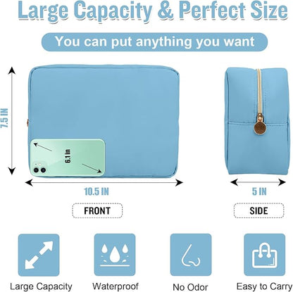Nylon Large Makeup Bag Travel Cosmetic Bag Pouch, Preppy Big Makeup Bag Cute Cosmetic Zipper Pouch Purse, Waterproof Toiletry Bag Clutch Make Up Organizer Travel Essentials for Women Men Girls(Blue)