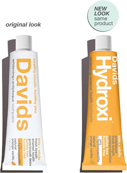 Davids Hydroxi Fluoride Free Nano Hydroxyapatite Toothpaste for Enamel Health & Whitening, Antiplaque, SLS Free, Kid Friendly Orange Vanilla Flavor, 4 oz, Made in USA