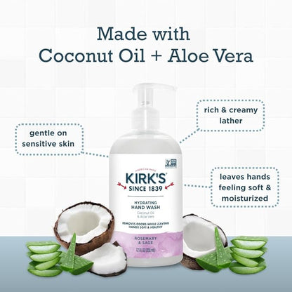 Kirk's Hydrating Hand Wash - Made with Coconut Oil and Aloe Vera, With Odor Neutralizing Technology To Help Eliminate Odors, Non-GMO, Vegan, Rosemary & Sage, 12 Fl Oz. 4 pack
