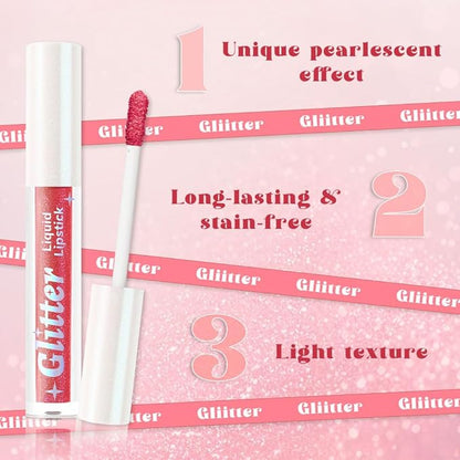 Rose Pink Metallic Lipstick for Women,Lightweight Glitter Sparkling Liquid Lipsticks,Shimmer Lip Gloss Stain Long Lasting Waterproof Smudge Proof Non-Drying 24 Hour Full Coverage Lip Makeup,Vegan