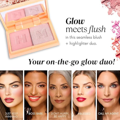 Mini Blush + Brighten Highlighter Duo, Lightweight Blendable Shimmer Blush, High Pigmented Makeup Powder Palettes, Cruelty Free - Just Keep Winning
