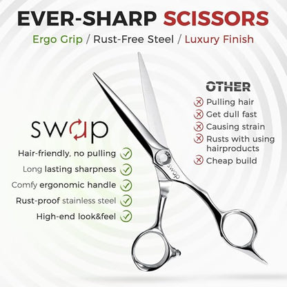 SWAP Professional Hair Cutting Scissors - 6.0'' Japanese SUS 440C Steel Barber Scissors, 60-62HRC Sharp Edge Blade with Adjustable Tension Screw for Salon & Home Use（6.0'' Hair Shears）