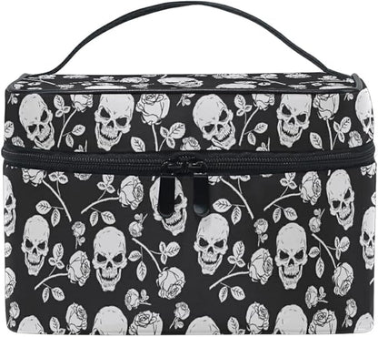 Skull Makeup Bag, Skull Rose Gothic Makeup Organizer Bags Toiletry Bag Box Travel Cosmetic Bag Make Up Train Case for Women Teen Girl Ladies