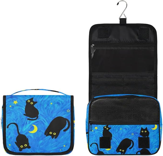Cute Cat Travel Toiletry Bag with Hanging Hook for Women and Girls, DeepSkyBlue Cosmetic Makeup Case Organizer for Accessories, Shampoo, Full Sized Container, Toiletries