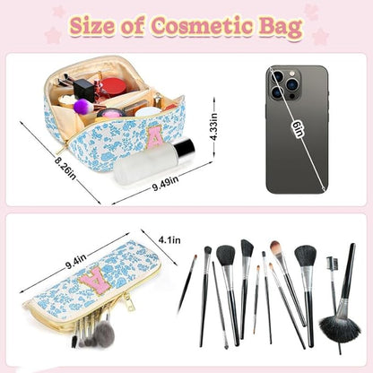 Personalized Travel Makeup Bag Set,Initial Travel Cute Floral Makeup Organizer Bag,Toiletry Skincare Cosmetic Bag,Christmas Gifts for Women/Girls,Open Flat Toiletry Pouch with Brush Pocket-S