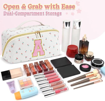 Personalized Travel Makeup Bag Set,Initial Travel Cute Cherry Makeup Organizer Bag,Toiletry Skincare Cosmetic Bag,Christmas Gifts for Women/Girls,Open Flat Toiletry Pouch with Brush Pocket-V