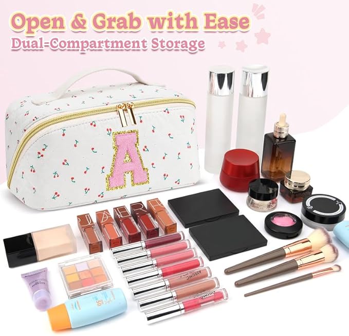 Personalized Travel Makeup Bag Set,Initial Travel Cute Cherry Makeup Organizer Bag,Toiletry Skincare Cosmetic Bag,Christmas Gifts for Women/Girls,Open Flat Toiletry Pouch with Brush Pocket-R