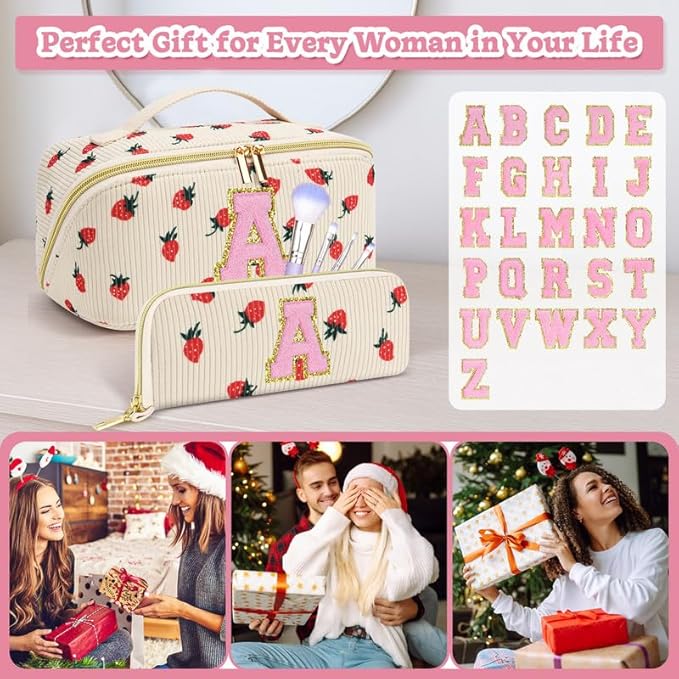 Personalized Travel Makeup Bag Set,Initial Travel Strawberry Makeup Organizer Bag,Toiletry Skincare Cosmetic Bag,Christmas Gifts for Women/Girls,Open Flat Toiletry Pouch with Brush Pocket-V